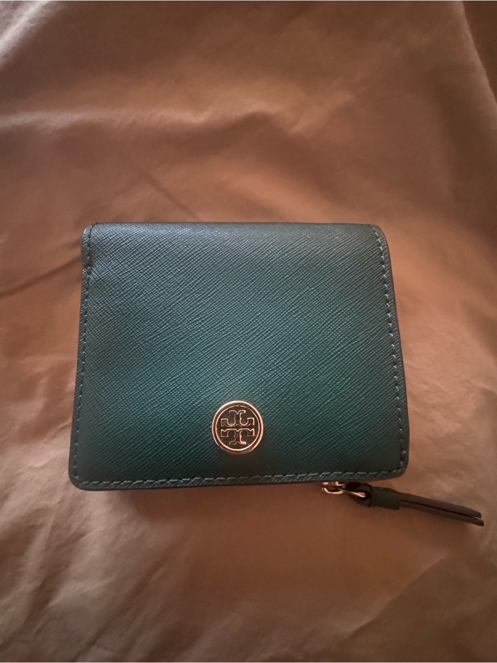 Tory Burch Dark Green Saffiano Leather Zip Bifold Wallet with Gold Logo